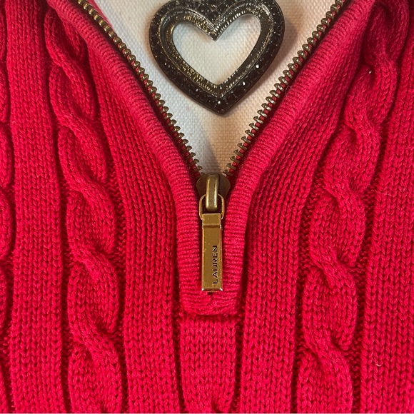 Lauren Ralph Lauren Large Red Embroidered Cable Knit Quarter Zip Sweater - Picture 3 of 7